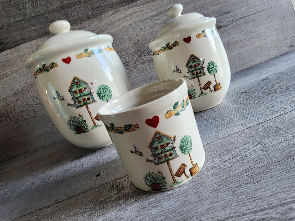 Thompson Pottery Birdhouse Three Piece Ceramic Canister Set w Votive Vintage
